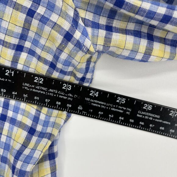 JOHNNIE-O Linen Button Down Shirt XL West Coast Prep Nautical Blue Plaid - Picture 7 of 10
